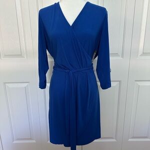 New York & Company Blue Sheath Dress V-Neck 3/4 Sleeve